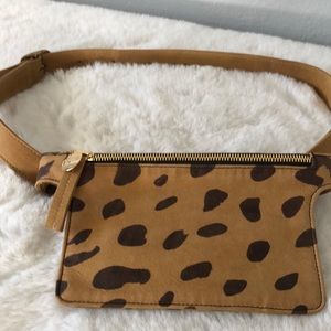 Clare VSuede tan / brown spots animal print belt bag with adjustable waist belt.